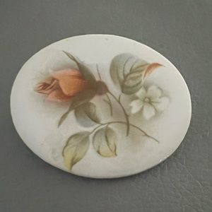 Vintage Hand Painted Porcelain White Orange Green Floral Scene Brooch Japan